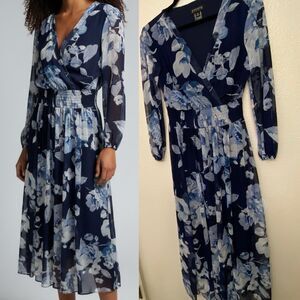 En Focus Studio navy blue Floral Balloon Sleeve Faux Wrap Long mesh Dress 10